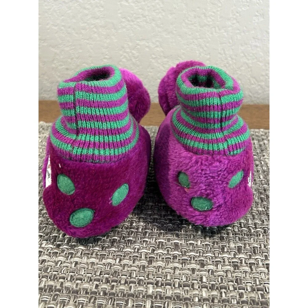 Vintage Barney The Dinosaur Slippers Plush 90s Kids Size 7-8 Purple Green 1993
